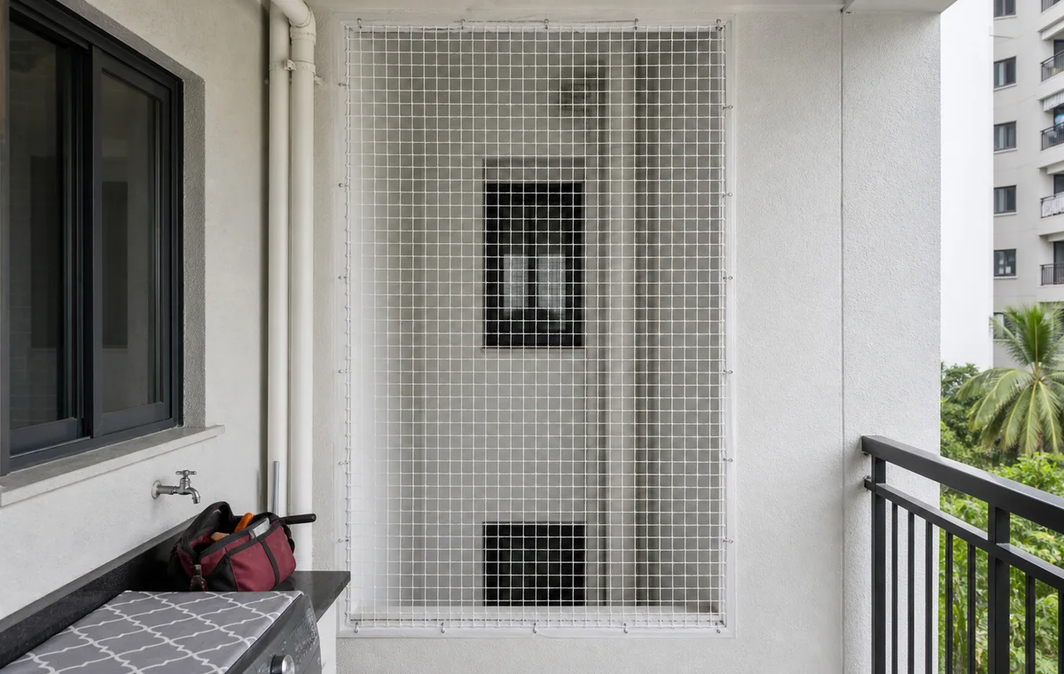 Bird control netting around apartment opening