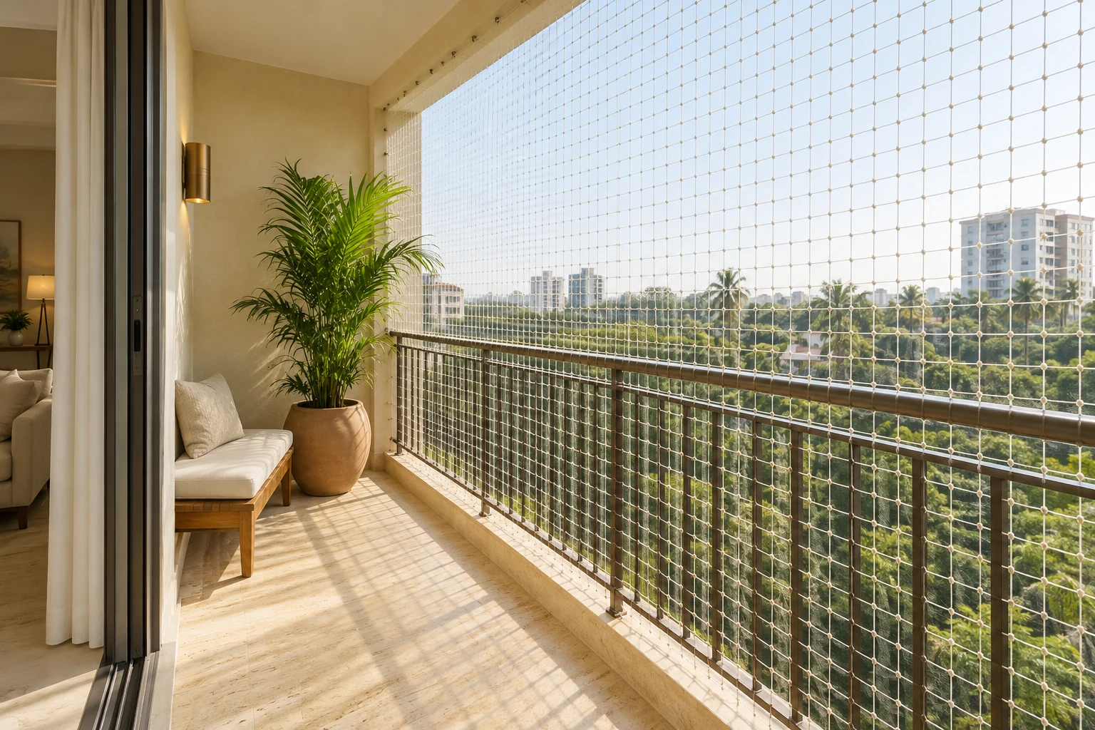 Illustrative balcony with white safety netting, a railing and an open city view
