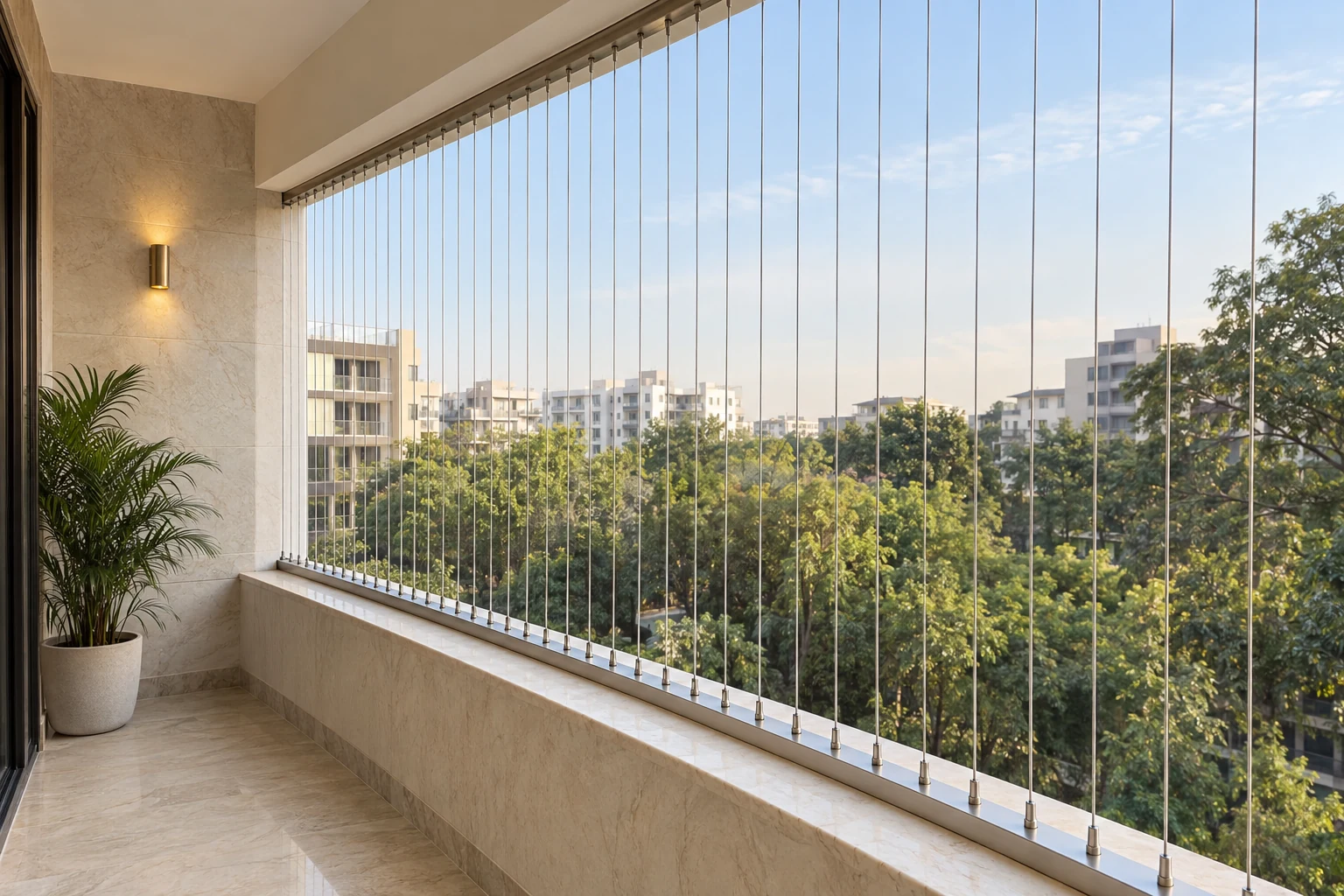 Illustrative balcony with slim vertical invisible grill cables